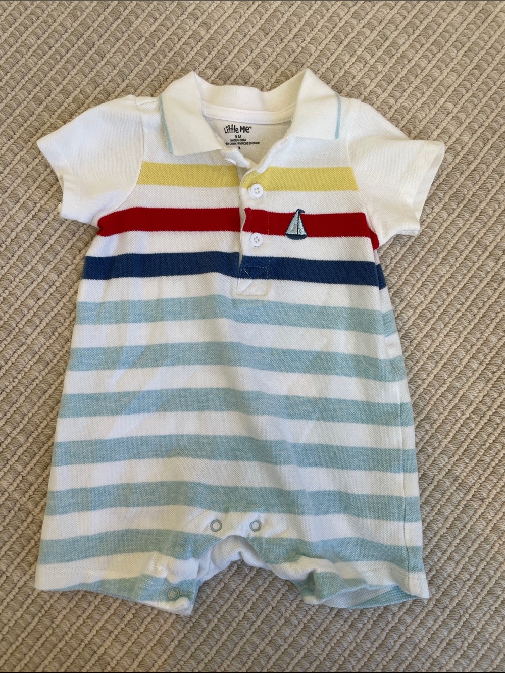 Little Me White Multi-Stripe Polo Romper with Sailboat Applique